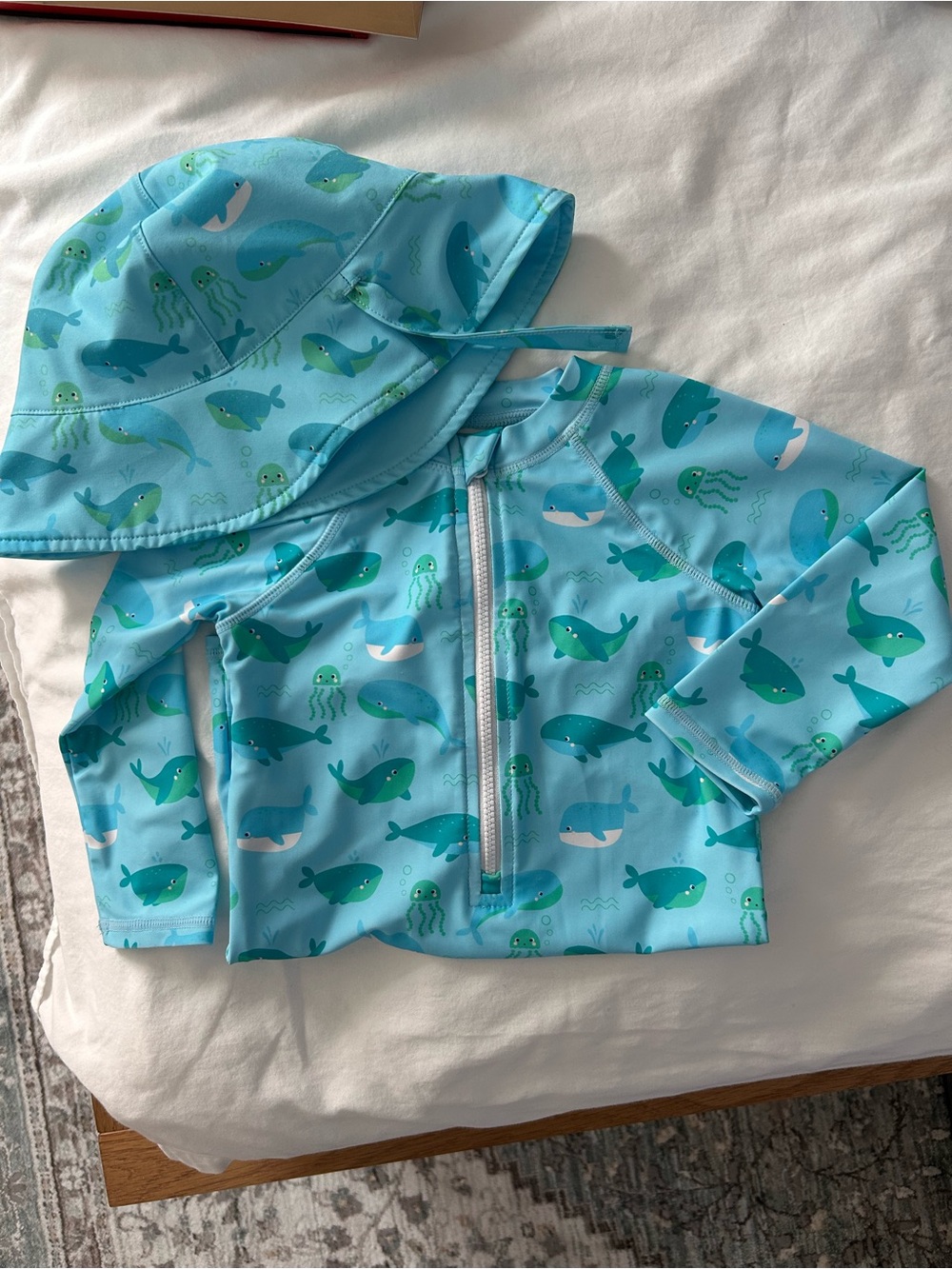 Tucker + Tate Light Blue Whale & Sea Life Rash Guard Set with Hat